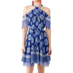 Shoshanna Blue and White Silk Halter Tie Front Sundress